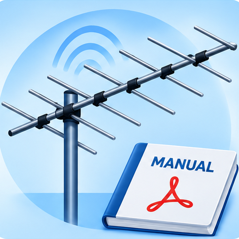 Ilustración de antena y manual para la biblioteca de manuales de radioafición