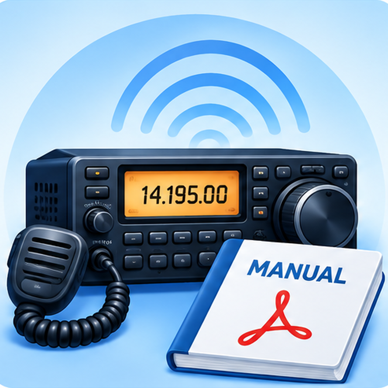 Ilustración de transceptor y manual para la biblioteca de manuales de radioafición